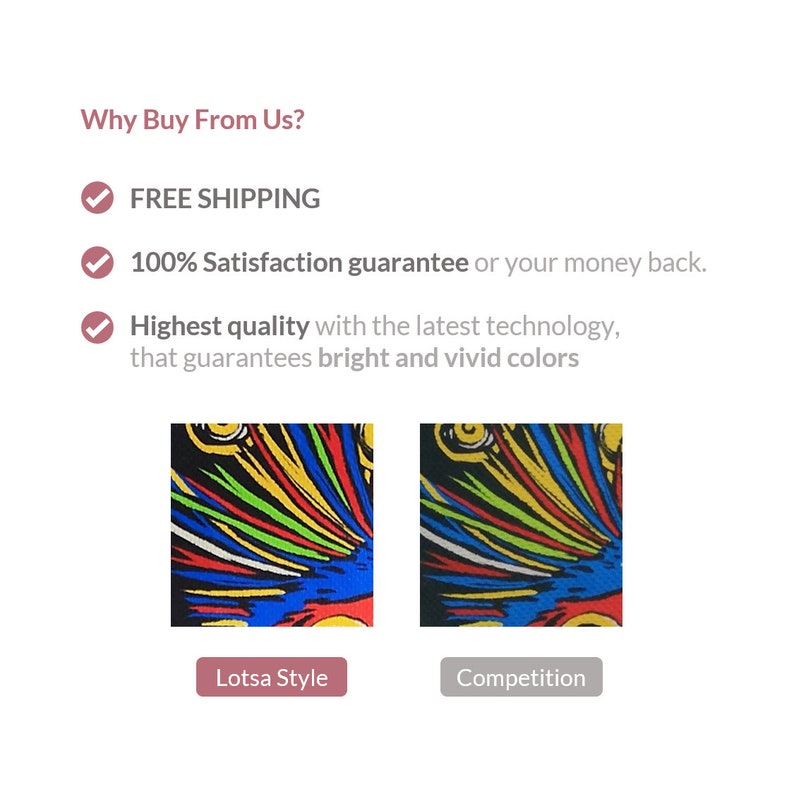 May include: A comparison of two fabric samples, Lotsa Style and Competition, demonstrating colour differences. The Lotsa Style sample features a design with bright blue, red, yellow, green, and black colours. Text highlights product quality.