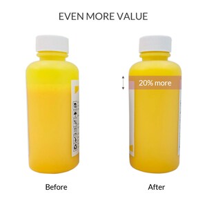 May include: Two yellow plastic bottles, one labeled "20% more" to show the increased volume of the product. The bottles are side-by-side, with the smaller bottle on the left and the larger bottle on the right. The text "Even More Value" is at the top of the image.