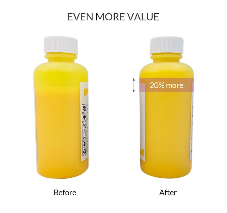 May include: Two yellow plastic bottles, one labeled "20% more" to show the increased volume of the product. The bottles are side-by-side, with the smaller bottle on the left and the larger bottle on the right. The text "Even More Value" is at the top of the image.