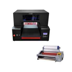 May include: A black and red digital printer with a clear window and the text "LOTSA STYLE" on the front. The printer is on a white background. Below the printer is a separate silver and red laminator with a white roller.