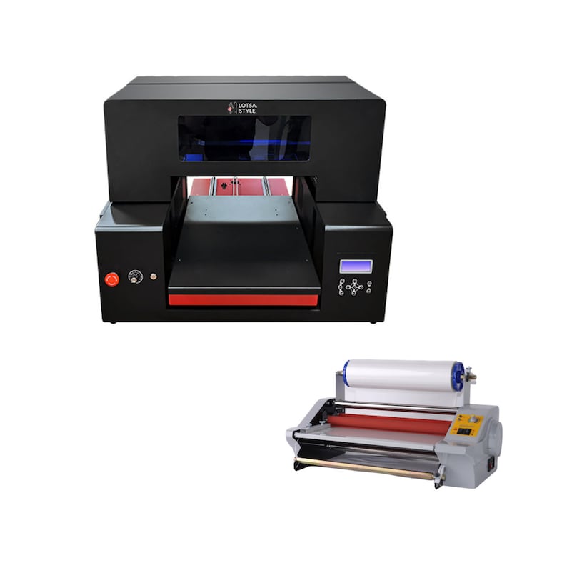 May include: A black and red digital printer with a clear window and the text "LOTSA STYLE" on the front. The printer is on a white background. Below the printer is a separate silver and red laminator with a white roller.