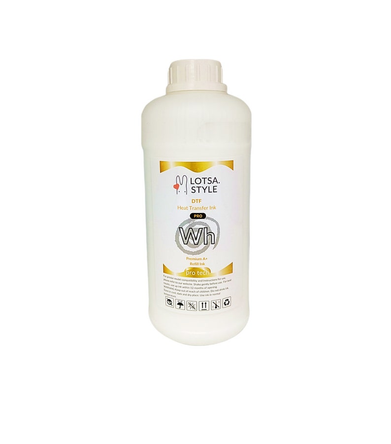 Op de afbeelding: Een witte plastic fles met witte DTF-transferinkt met het label "Lotsa. Style DTF Pro Wh Premium A+ Refill Ink Pro Tech".