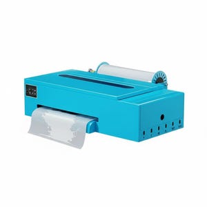 May include: A vibrant turquoise printer with a roll of white material and a digital display. The printer has a rectangular design with a slot for output and colour indicators. The machine is designed for printing.