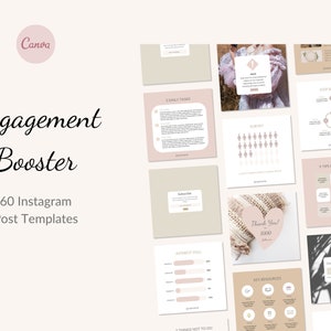 May include: A collection of 60 Instagram post templates designed to boost engagement. The templates feature a variety of layouts and designs, including surveys, tips for success, and daily tasks. The templates are in a light pink and beige color scheme.