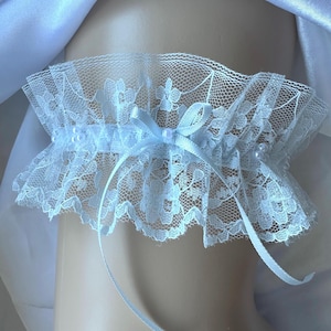 Ice blue lace wedding garter, pearl beads and bow, something blue bridal keepsake gift