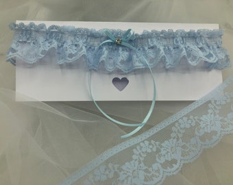 Alyssa Blue Lace and Bow, Diamante something blue Wedding Garter 1 left (plus size 20)