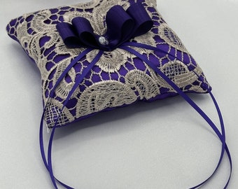 Cadbury Purple Satin and beige gold lace ring bearer pillow, with Purple ribbon bow, ties and adorned with an oval facet bead.