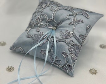 Silver Satin and silver sequin Lace wedding ring bearer pillow, cushion.