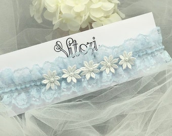 Mimi Blue lace Wedding Garter with White Daisies adorned with pearl coloured beads