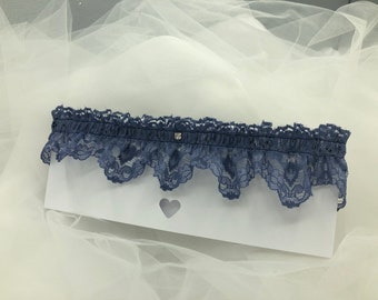 Indigo Blue lace something blue Wedding prom Garter with Diamanté, Bow or both option.