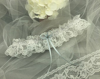 Lulu Beautiful Ivory lace wedding Garter with Blue bow, diamanté or crystal.