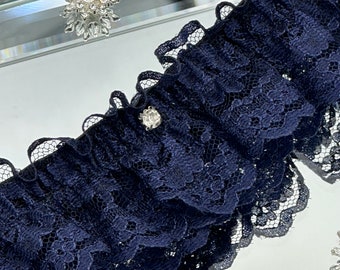 Josie Dark Navy Blue lace and bow, Diamanté wedding prom romantic Garter