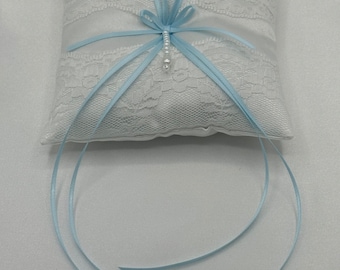 Ivory Duchess Satin and lace ring bearer pillow, with blue ribbon bow, ties and adorned with faux pearl detail.