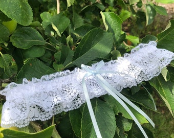 Alena White lace something blue Wedding Garter with ice blue bow and bicone crystal bead.