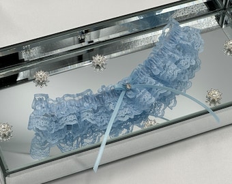 Isabella Blue lace and Bow, Diamanté something blue Wedding Garter