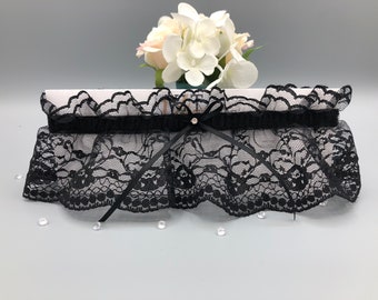 Faye Black lace Wedding Garter with Black bow and diamanté decoration