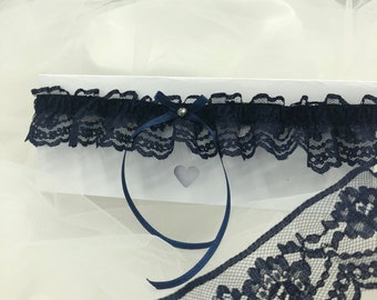 Josie Dark Navy Blue lace and bow, Diamanté wedding prom romantic Garter