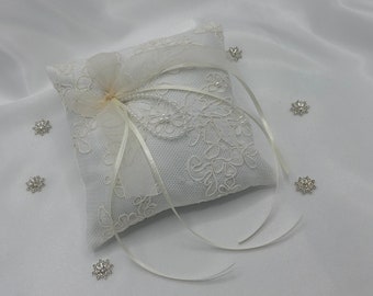 Ivory Duchess Satin and lace ring bearer pillow, with ivory  chiffon ribbon bow, satin ties and adorned with faux pearl details