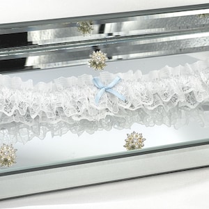 Liga de boda con lazo azul y encaje blanco para algo azul