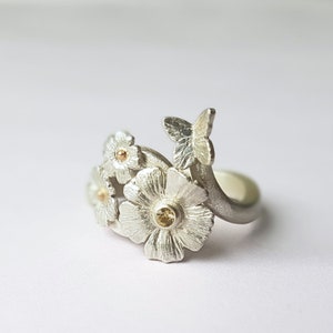Butterfly and Flowers Ring | Silver 9ct Gold Citrine | Handmade & Custom in UK | Gift-boxed | Free Delivery