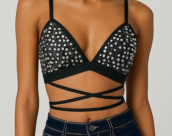 Sequin embroidered crop top bandeau tube top embellished mermaid unicorn reflective festival wear
