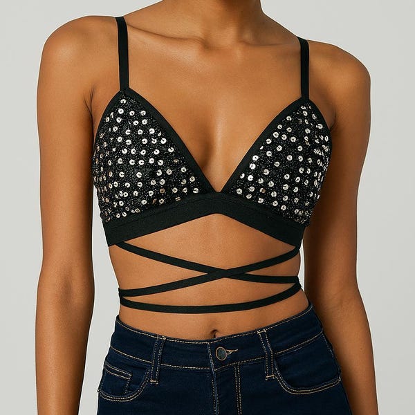 Paljettbroderad crop topp med bandeau-tubetopp, utsmyckad sjöjungfru- och enhörningsreflexer, festivalkläder