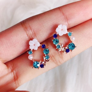 Tiny Flower Wreath Stud Earrings,  Rose Gold, Circle Flower and Butterfly Stud Earrings, Gift for Friend, For Her, Jewelry, Bridesmaids Gift