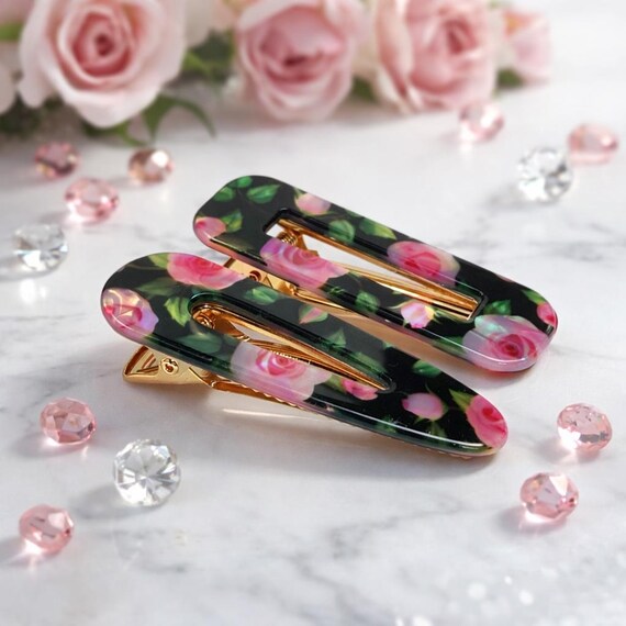 Black Floral Acetate Hair Clips – Elegant Set of 2 – Women display picture 1