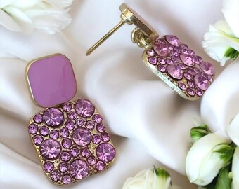 Purple Diamante Drop Stud Earrings – Elegant Handcrafted Jewelry for Women, Sparkling Gemstone Accessories, Unique Gift Idea