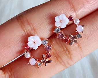 Pink Bridal Bridesmaid Earrings Wreath Flower Earrings For Women Crystal Zircon Sweet Butterfly Stud Earring Girl Wedding Party Jewelry Gift