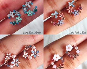 Pendientes de corona de flores diminutas, oro rosa, pendientes de flores circulares y mariposas, regalo para amiga, para ella, joyas, regalo de damas de honor