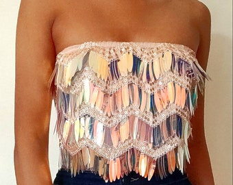 Sequin embroidered crop top bandeau tube top embellished mermaid unicorn reflective festival wear