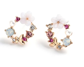 Pink Bridal Bridesmaid Earrings Wreath Flower Earrings For Women Crystal Zircon Sweet Butterfly Stud Earring Girl Wedding Party Jewelry Gift