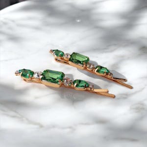 Green Rhinestone Hair Slides | Sparkly Hair Clips for Women | Bridal Hair Accessories | Statement Barrettes | Glam Hair Pins Set