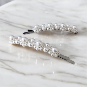 Silver Pearl Hair Slides | Elegant Bridal Hair Clips | Wedding Engagement Prom Accessories | Pearly Hair Pins for Women & Bridesmaids