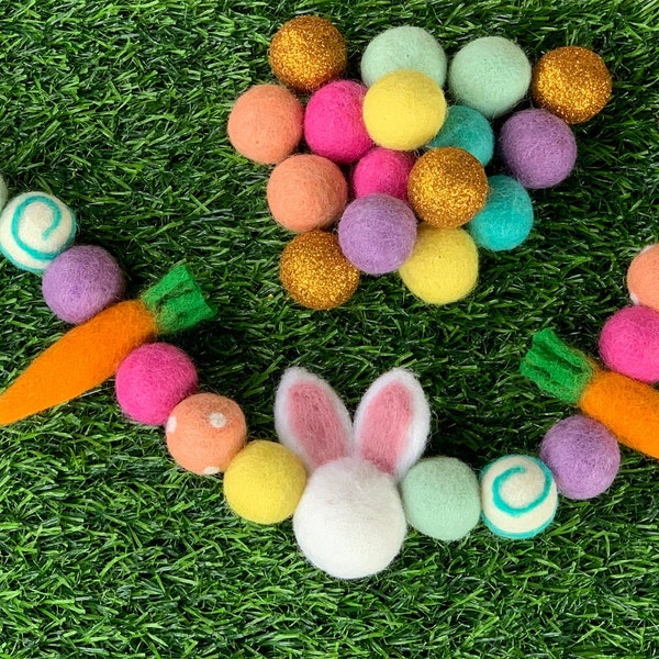 Felted Easter bunny & carrot garland| Feltball Easter garland| Spring feltball garland| Easter PomPom garland| Easter bunny garland - Bright