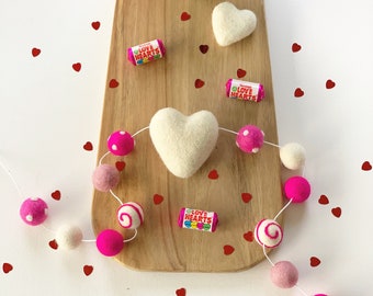 XL Valentine Felted Heart Garland| Felt Heart Garland| Felt Ball Garland| Pink Felt Pom Pom Garland| Girls Bedroom Decor
