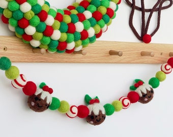 Christmas Pudding Felt Ball Garland| Christmas Felt Ball Garland| Christmas Pom Pom Garland - Green, Red and Red Swirl Felt Ball Garland