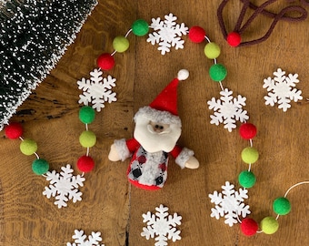 Snowflake Felt Ball Garland| Christmas Felt Ball Garland - Christmas Themed Felt Ball Garland - Traditional Christmas Colours
