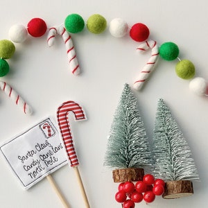 May include: A white, green, and red felt ball garland with candy canes hangs above a white envelope with the text "Santa Claus Candy Cane Lane North Pole". Two small, silver artificial Christmas trees with red berries are in the bottom right corner.