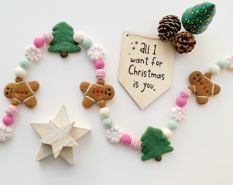 Gingerbread Man Felt Ball Garland| Gingerbread Men Garland| Felt Ball Christmas Garland - Pinks