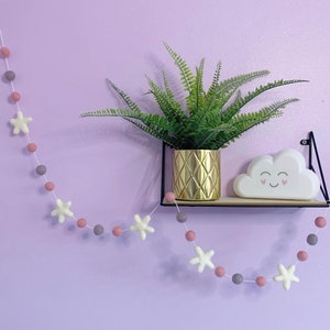 Star Felt Ball Garland|Bright Star Pom Pom Garland| Felt ball Nursery Decor| Star pom pom Garland -white stars, pink and grey felt balls