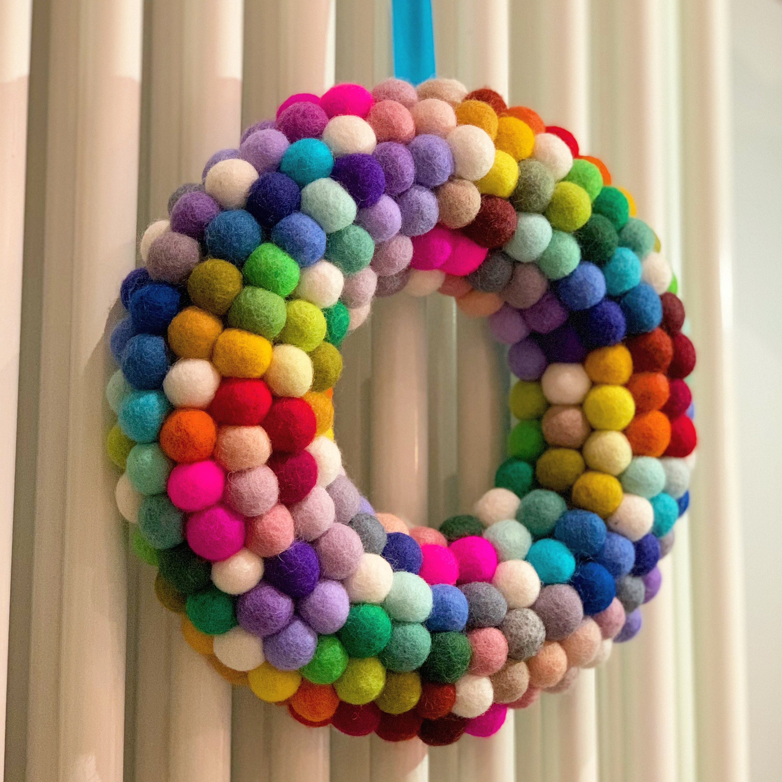 Rainbow Felt ball wreath felt ball wreath Rainbow coloured Etsy