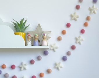 Felt Star Garland| Felt ball nursery garland| Felted Star Nursery Garland| Wool Star Garland| Girls Room Decor| Baby girl gift
