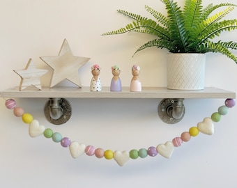 Love Hearts Felt Ball Garland/Pastel Pom Pom Garland - Ivory Felt Hearts with Pastel Coloured Felt Balls