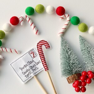May include: A white envelope with the text "Santa Claus Candy Cane Lane North Pole" and a red and white candy cane on a stick. There are two small green trees with red berries and a garland of white, red, and green felt balls with candy canes.
