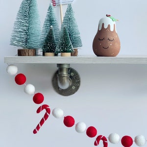 May include: A white shelf with a red and white felt ball garland with candy cane accents hanging from it. There are three small green artificial Christmas trees and a brown and white Christmas pudding ornament on the shelf. The sign above the shelf reads "North Pole".