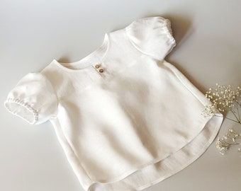 White linen shirt - blouse with short puffy sleeves for little, infant, toddler girl, Oeko Tex certified linen kids clothes