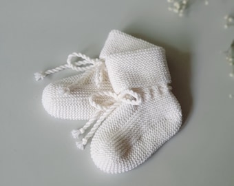 Hand knitted Newborn Baby Wool socks - slippers from Oeko-Tex Merino Wool in cream white