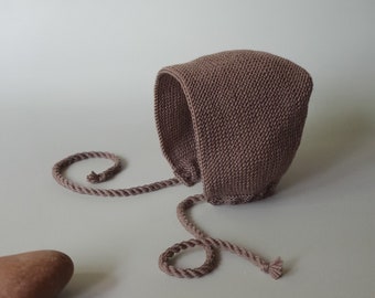 Bonnet confortable pour nouveau-né tricoté à la main beige foncé - Bonnet en laine mérinos Oeko-Tex douce